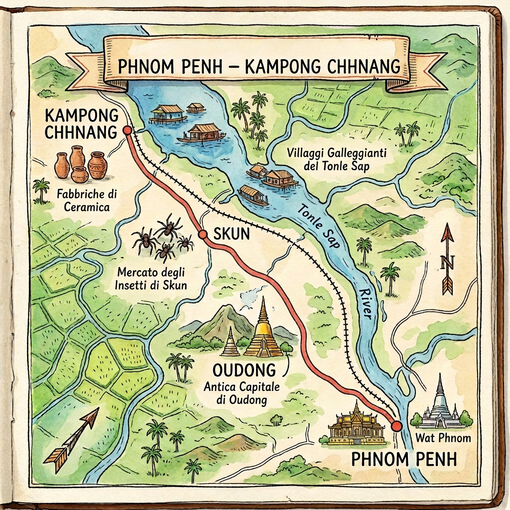 Map of route from Phnom Penh to Kampong Chhnang via Oudong and Skun