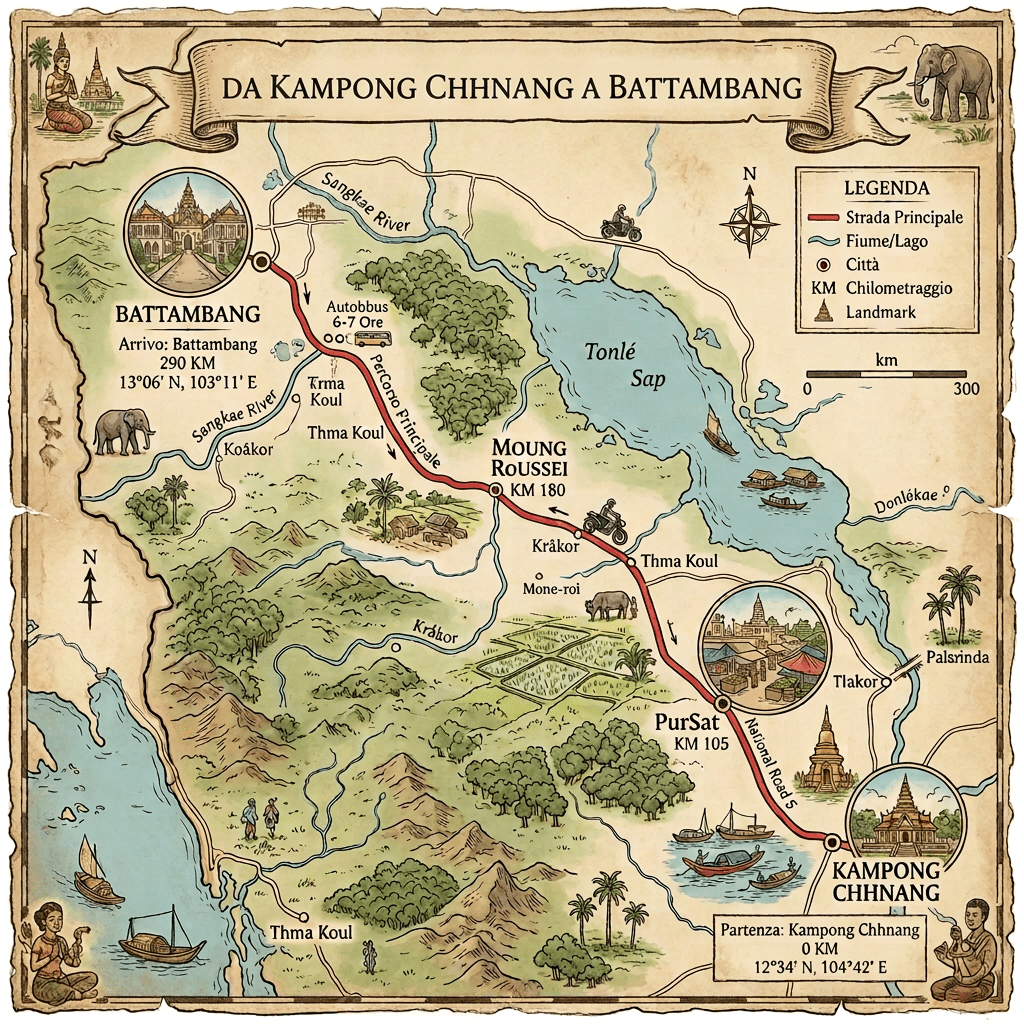 Map of route from Kampong Chhnang to Battambang via Pursat and Moung Roussei