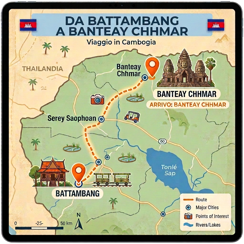 Cambodia route from Battambang to Banteay Chhmar Cambodia map tracing Battambang to Banteay Chhmar via Serey Saophoan