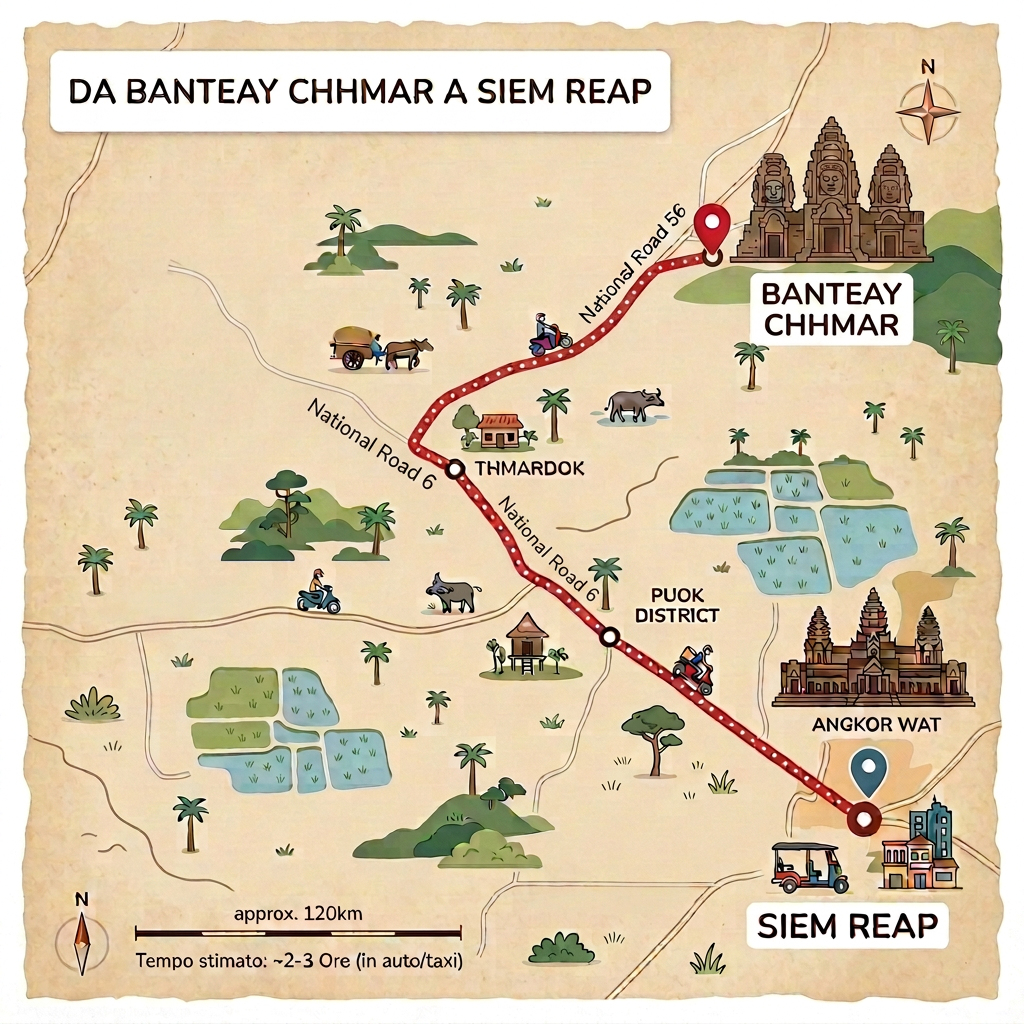 Illustrated map showing Siem Reap to Banteay Chhmar route via National Road 6