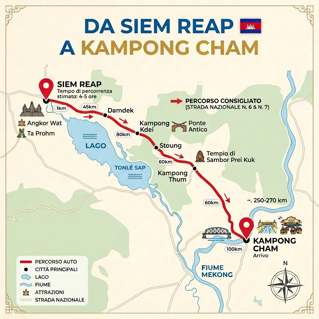 Siem Reap to Kampong Cham Route Map Map titled “DA SIEM REAP A KAMPONG CHAM” with Cambodian flag and Italian labels for the recommended route, distances, cities, attractions, roads, lakes, and rivers. It shows Siem Reap, Angkor Wat, Ta Prohm, Damdek, Kampong Kdei, Stoung, Kampong Thum, and Kampong Cham, with Tonle Sap, Mekong River, an antique bridge, Sambor Prei Kuk Temple, route legend, and compass rose. Text includes “PERCORSO STRADALE & ATTENZIONI,” “PERCORSO CONSIGLIATO (STRADA NAZIONALE N. 6 & N. 7),” “Tempo di percorrenza stimato: 4-5 ore,” “~. 250-270 km,” “Arrivo,” “PERCORSO AUTO,” “CITTÀ PRINCIPALI,” “LAGO,” “FIUME,” “ATTRAZIONI,” and “STRADA NAZIONALE.”